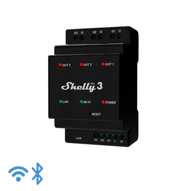 SHELLY PRO 3 Spínací modul na DIN lištu SHELLY PRO 3 Spínací modul na DIN lištu